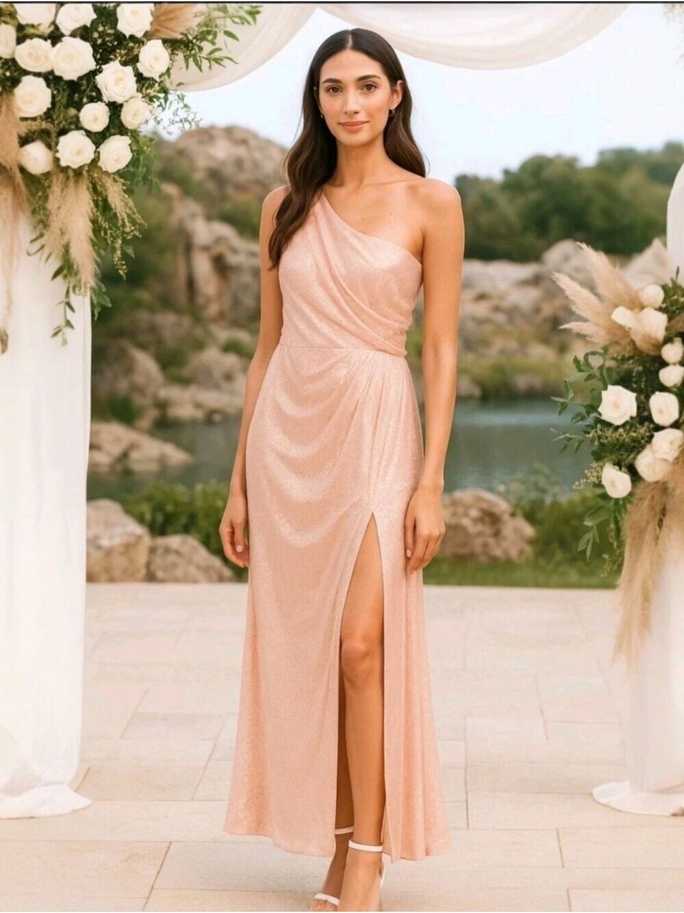 Bill Levkoff Peach Sequined One Shoulder Gown Size 10 EUC Bridesmaid